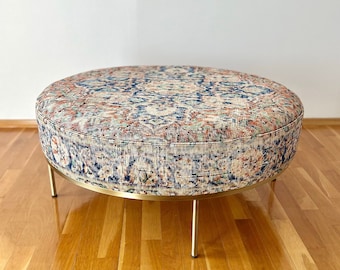 Upholstered Round Coffee Table, Vintage Kilim Bench, Ottoman Bench, Living Room Benches