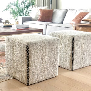 Upholstered Vintage Hemp Ottoman Cube Ottoman Pouf Vintage Hemp Fabric