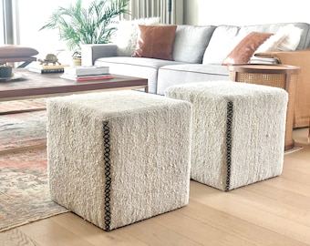 Upholstered Vintage Hemp Ottoman Cube Ottoman Pouf Vintage Hemp Fabric