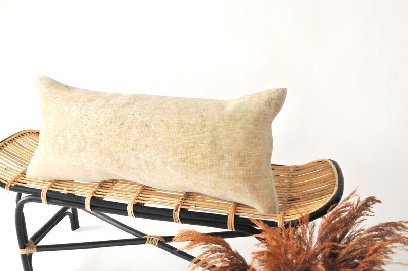 Turkish Vintage Carpet Throw Pillow Beige Lumbar Kilim Pillow Carpet Pillow Oriental Pillow Rectangular Kilim Pillow Case Beige Kilim Pillow