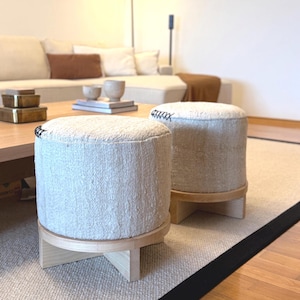 Vintage Kilim Round Ottoman with Wooden Leg Upholstered Vintage Pouf