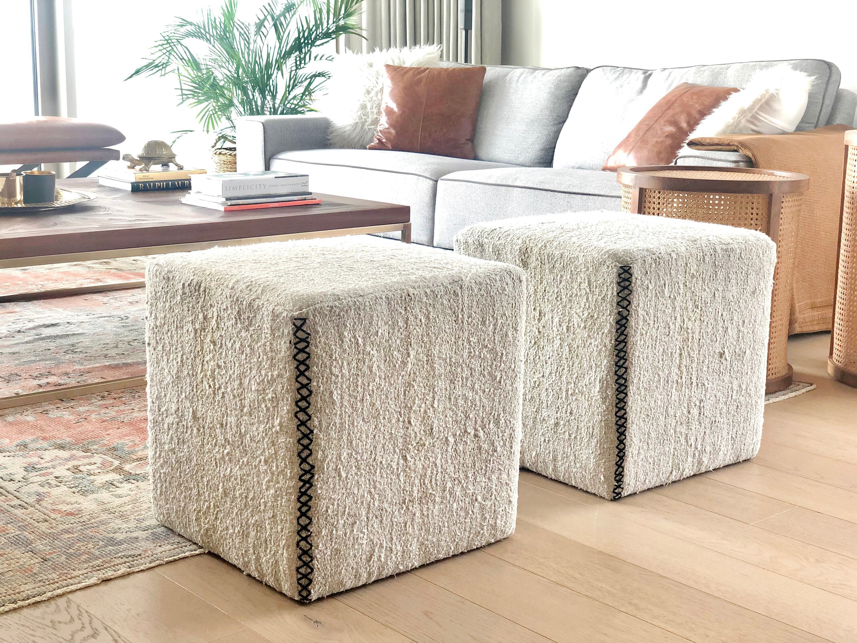 Handwoven Turkish Hemp Square Pouf: Vintage Ottoman Cube (18x18x18'')