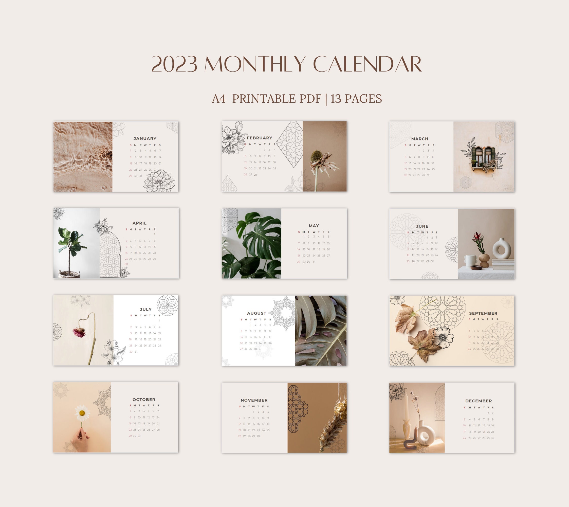 2023 Monthly Calendar Landscape, A4 Printable Calendar, Year Calendar