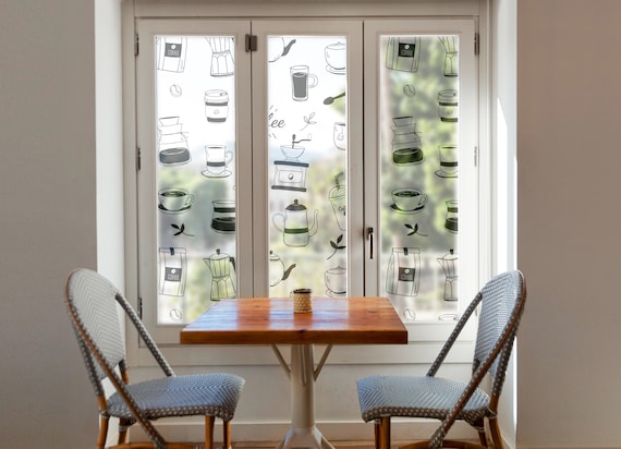 Dekorative Fensterfolie für Cafés | Selbstklebende Folie | Sandgestrahlte Designfolie | Milchglasfolie | Geätzte Glasfolie | Sichtschutzfolie