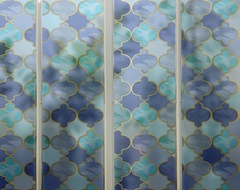 Blue Moroccan Window Film, Frosted Glass Privacy Film, Decorative Geometric Pattern, Static Cling No Glue, Bathroom Window Cover