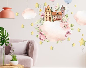house on a cloud decal | city in clouds decal | fairy tale house sticker | pink clouds decal | nursery decal | nursery decor | wall decal