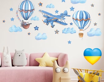 balloon stickers | airplane sticker | hot air balloon | hot air balloon wall decal | cloud stickers | nursery decor | wall decal