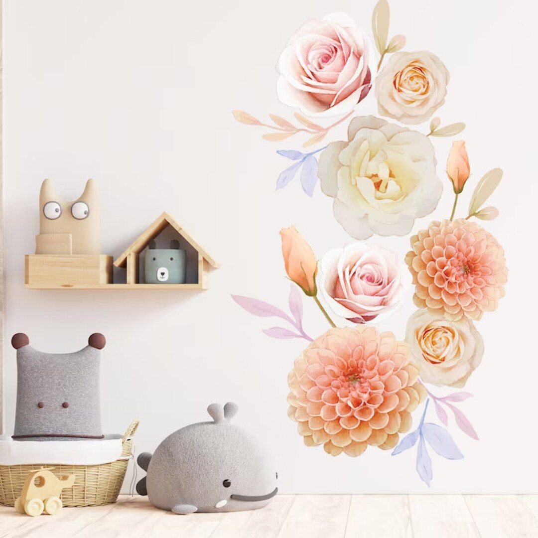 Peach Flower Wall Decal Pink Flower Wall Decal Pink Rose Wall Decal Peach Dahlias Wall Decal