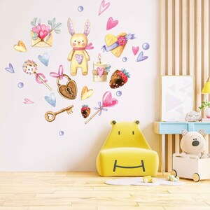 bunny with heart decal | candy stickers | lollipop stickers | watercolor stickers | heart decal | nursery decal | nursery decor | wall decal