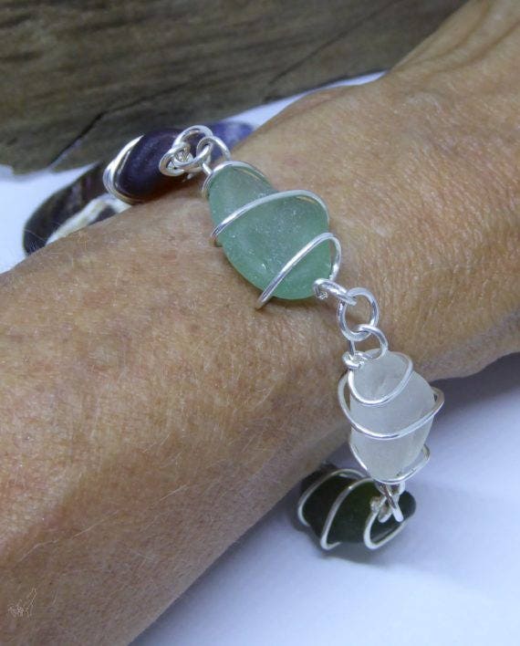 Chunky Sea Glass Silver Bracelet//wire Wrapped Sea Glass - Etsy