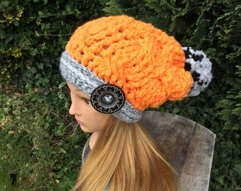 Crochet Pattern - Orange Slouchy Hat / Button Beanie Hat / Pompom hat