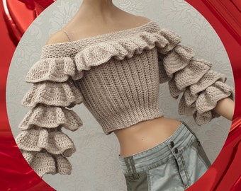 Crochet Cropped Sweater Pattern, KATIA Frilled Sweater Pattern