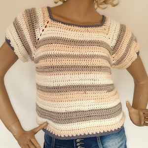 PDF Pattern, The Soft Horizon Top, Crochet Raglan Top Pattern, Striped Summer Blouse, Easy Top Down Crochet Shirt XS-5XL