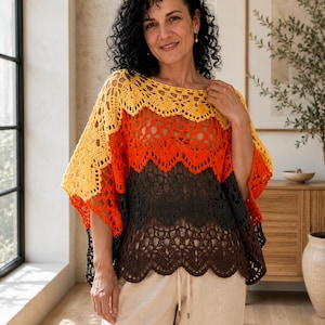 Sunset Ombre Crochet Poncho Top – PDF Pattern by TudoRosEssential