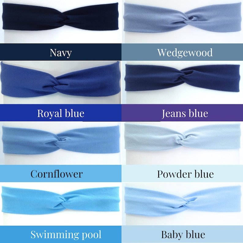 Puede incluir: Seis diademas de tela de diferentes colores, desde azul oscuro a azul claro. Los colores son azul marino, azul Wedgwood, azul real, azul vaquero, azul aciano, azul polvo, azul piscina y azul beb&eacute;.