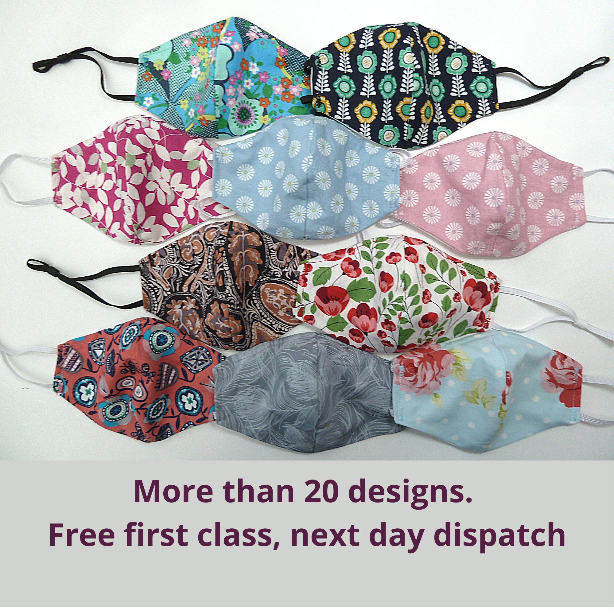 Womens, handmade, washable, shaped, 100% cotton Face Mask with nose w…