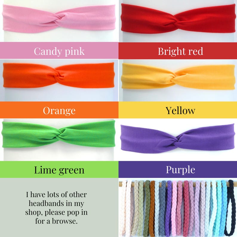K&ouml;nnte beinhalten: Eine Auswahl an Stirnb&auml;ndern in den Farben Candy Pink, leuchtendem Rot, Orange, Gelb, Limettengr&uuml;n und Lila, mit einem gedrehten Knoten-Design. Das Bild zeigt auch geflochtene Stirnb&auml;nder und den Text "I have lots of other headbands in my shop, please pop in for a browse."