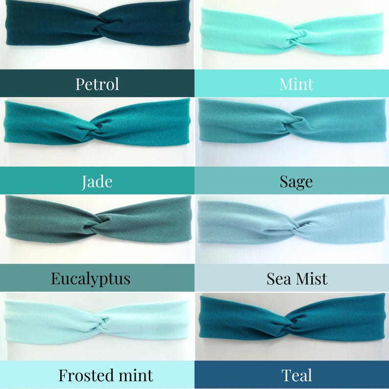 Puede incluir: Un conjunto de ocho diademas anudadas en varios tonos de azul y verde, incluyendo Petr&oacute;leo, Menta, Jade, Salvia, Eucalipto, Niebla marina, Menta helada y Teal.