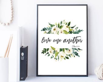 Printable Bible Verse Art Watercolor White Floral Wreath John 13:34