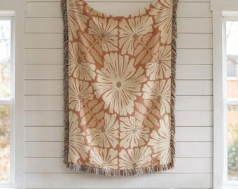 Terracotta Floral Woven Blanket | Vintage Cottage Throw | Grandmillennial Home Decor