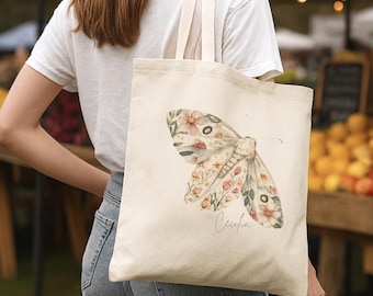 Bolsa de lona personalizada con diseño floral de mariposa y polilla en acuarela