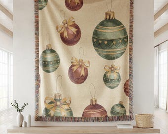 Christmas Ornament Woven Cotton Throw Blanket, Holiday Home Decor