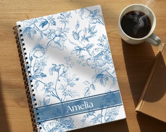Blau Toile Floral personalisiertes Notizbuch | Spiral Liniertes Journal