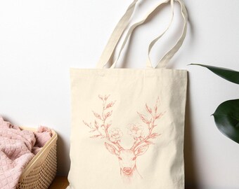 Woodland Fawn Canvas Market Tote | Line Art Buck Deer Canvas Bag