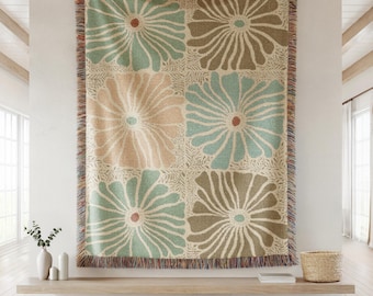 Neutral Floral Woven Blanket | Cottagecore Throw Blanket | Vintage Botanical Decor