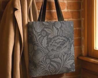 Linocut Black Floral Canvas Lined Tote Bag | Botanical Print, Reusable Market Bag