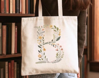 Floral Monogram Canvas Tote Bag – Personalized Initial
