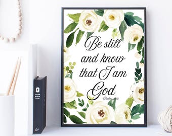 Bible Verse Wall Art Printable Watercolor Magnolia Quote Psalms 46:10