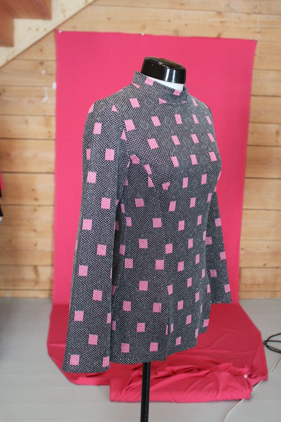 60s Soft Pink Grey Silver Lurex Stand Up Collar Be