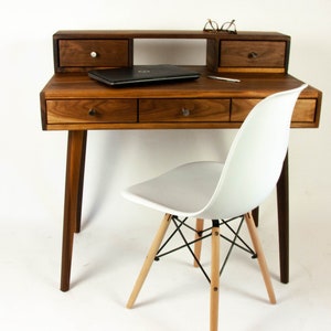 La Huche All Walnut - Mid-Century Modern Black Walnut Office Desk with Drawers and Shelf