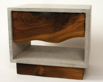 The Base - Concrete Cube & Solid Black Walnut Wood Base and Drawer Nightstand Bed Side Table