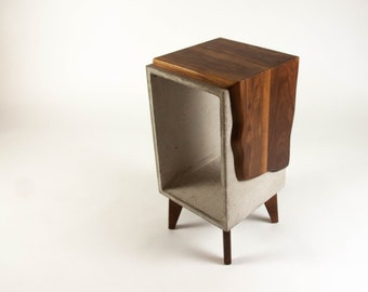 Concrete and Live Edge Solid Black Walnut End Side Table