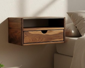 Aby Cloud - Floating Black Walnut Side Table Nightstand with Concrete Shelf