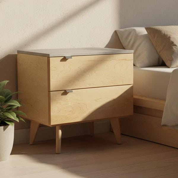 Marissa Blond - Two Drawers Maple Wood & Concrete Top Nightstand Bed Side Table