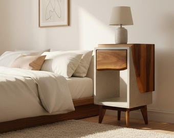 Classic Edge Light - Concrete Box and Live Edge Wood Top / Side Drawer Nightstand
