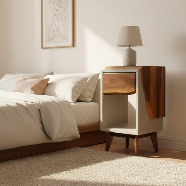 Classic Edge Light - Concrete Box and Live Edge Wood Top / Side Drawer Nightstand