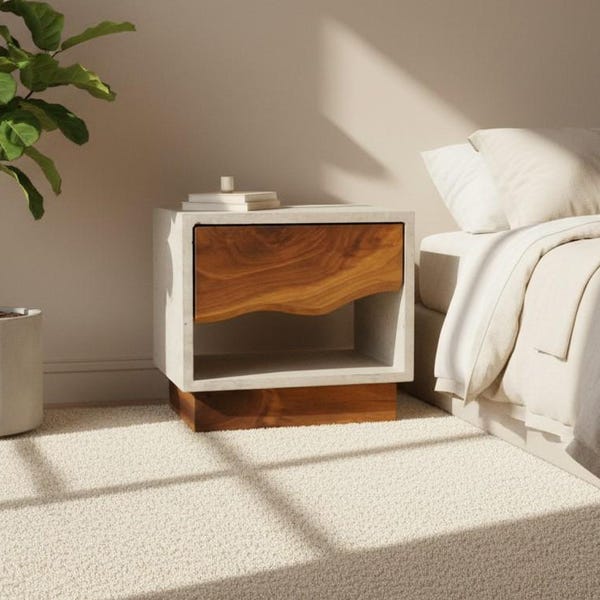 Concrete & Walnut Nightstand: Modern Bedside Table with Drawer and Wood base