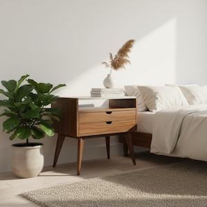 Aby - Two Drawers Black Walnut & Concrete Top Mid-Century Bed Side Table Nightstand