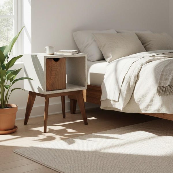 Comodino in cemento e noce: comodino di metà secolo con cassetto e spazio aperto