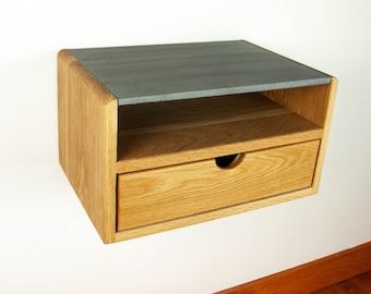 Aby Cloud White - Floating Solid White Oak Bed Side Table Nightstand with Dark Grey Concrete Shelf and Solid Wood Drawer