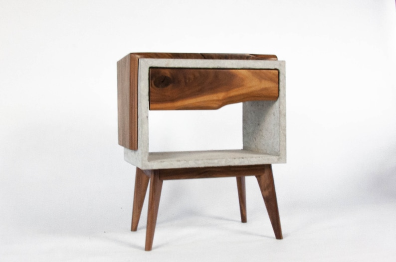 Solid Black Walnut Live Edge,Concrete Cube Mid-Century Nightstand Bed Side Table with Live Edge Wood Drawer