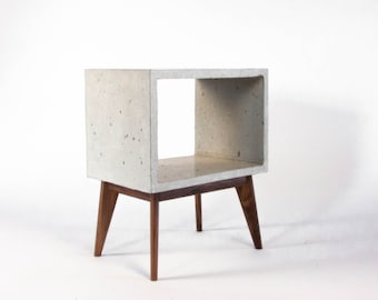 Concrete Cube and Long Solid Wood Legs End Table Bed Side Table