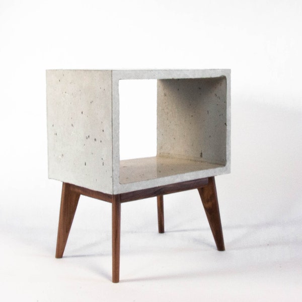 Concrete Cube and Long Solid Wood Legs End Table Bed Side Table