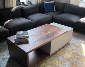 Mignun - Solid Walnut Wood and Concrete Coffee Table or TV Stand with Hidden Drawer