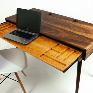 The Roland - Mid-century Modern Black Walnut Office Desk with Carved Keyboard Shelf