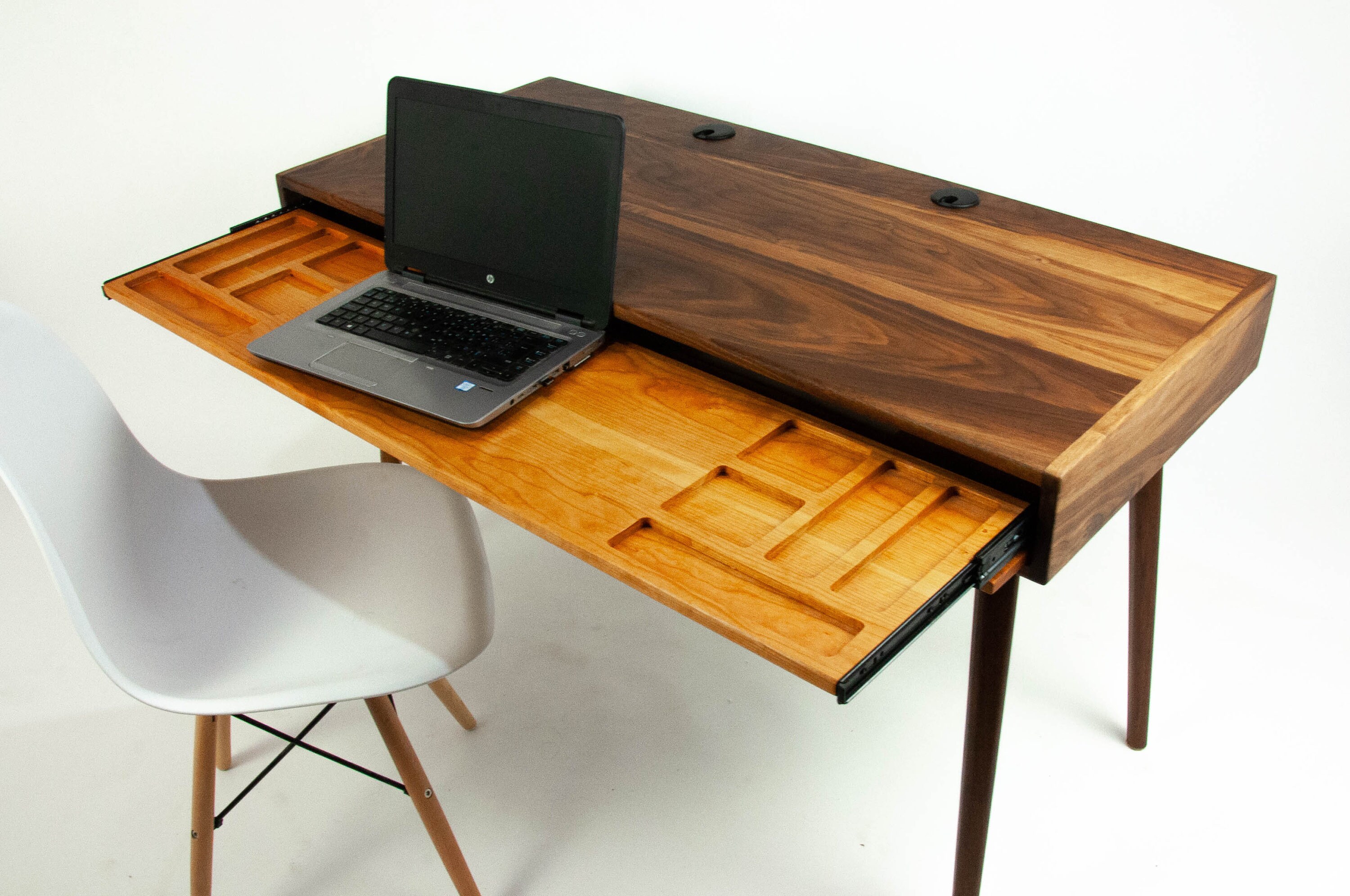 The Roland Mid century Modern Black Walnut Office Desk With Carved